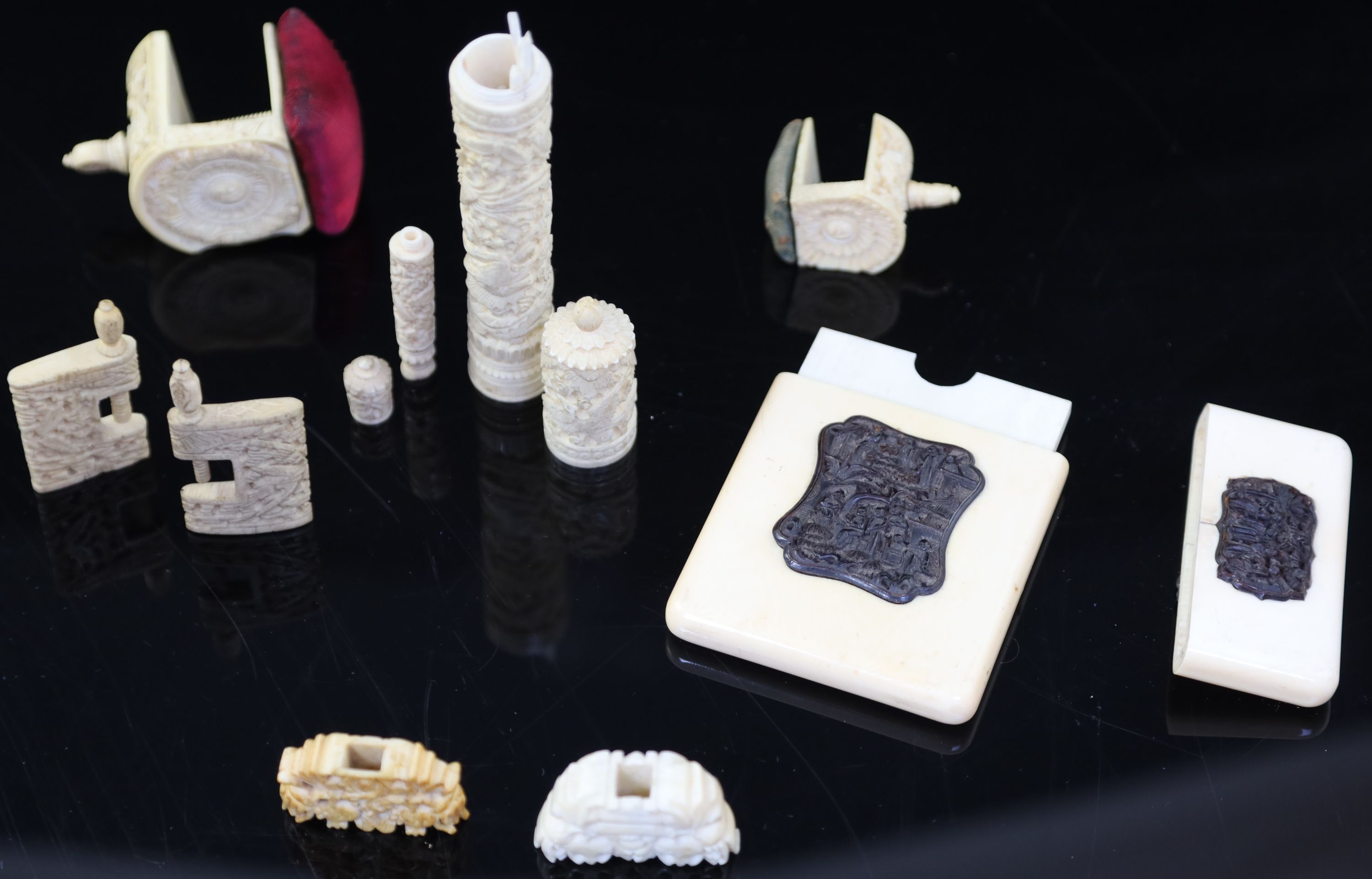 A group of 19th century Chinese carved ivory sewing accessories